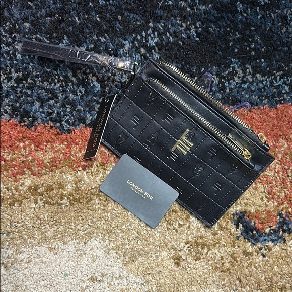 London Fog Collection Embossed Wristlet Clutch Double Pouch Black & Gold NWT - Picture 4 of 15